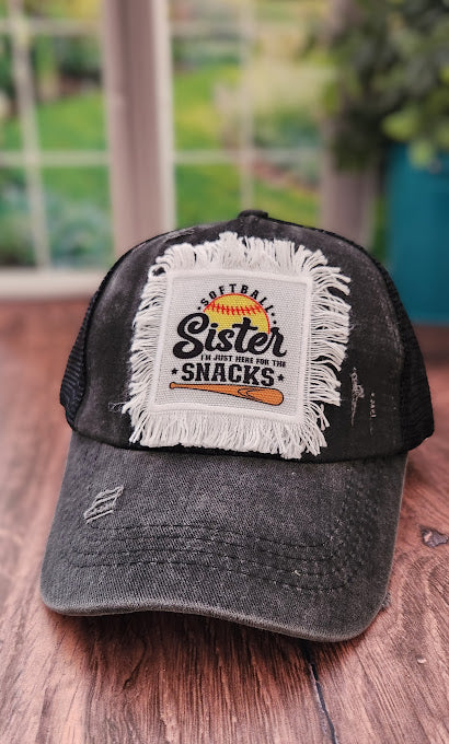 "Softball Sister - I'm Just Here for the Snacks" Youth Distressed Ponytail Hat
